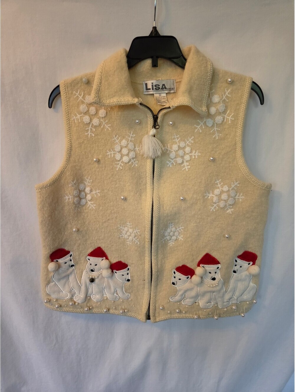 Lisa International Cream Wool Christmas Polar Bear Vest with Embellishments Med.